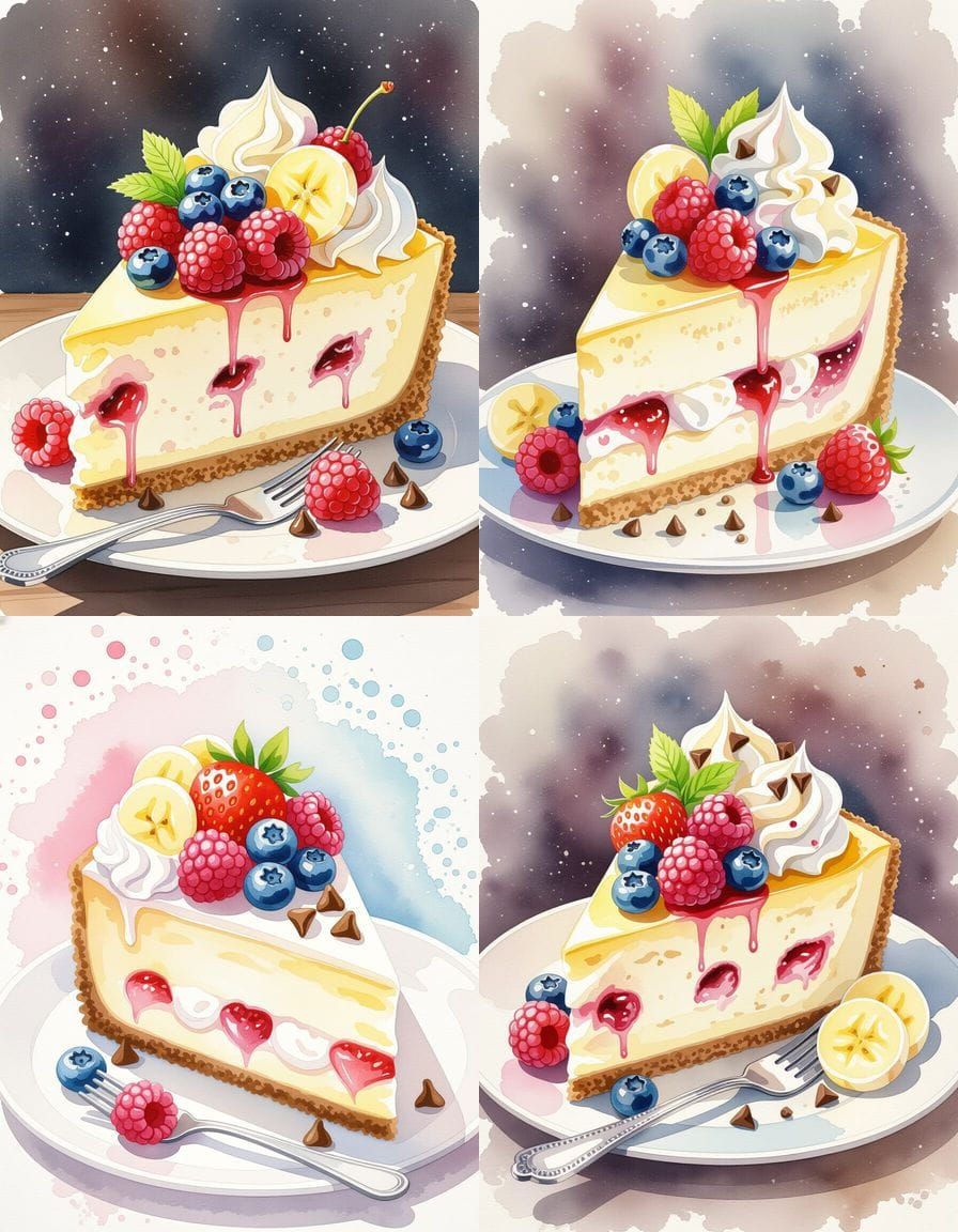 Cheesecake Slice with Berries in Watercolor Style