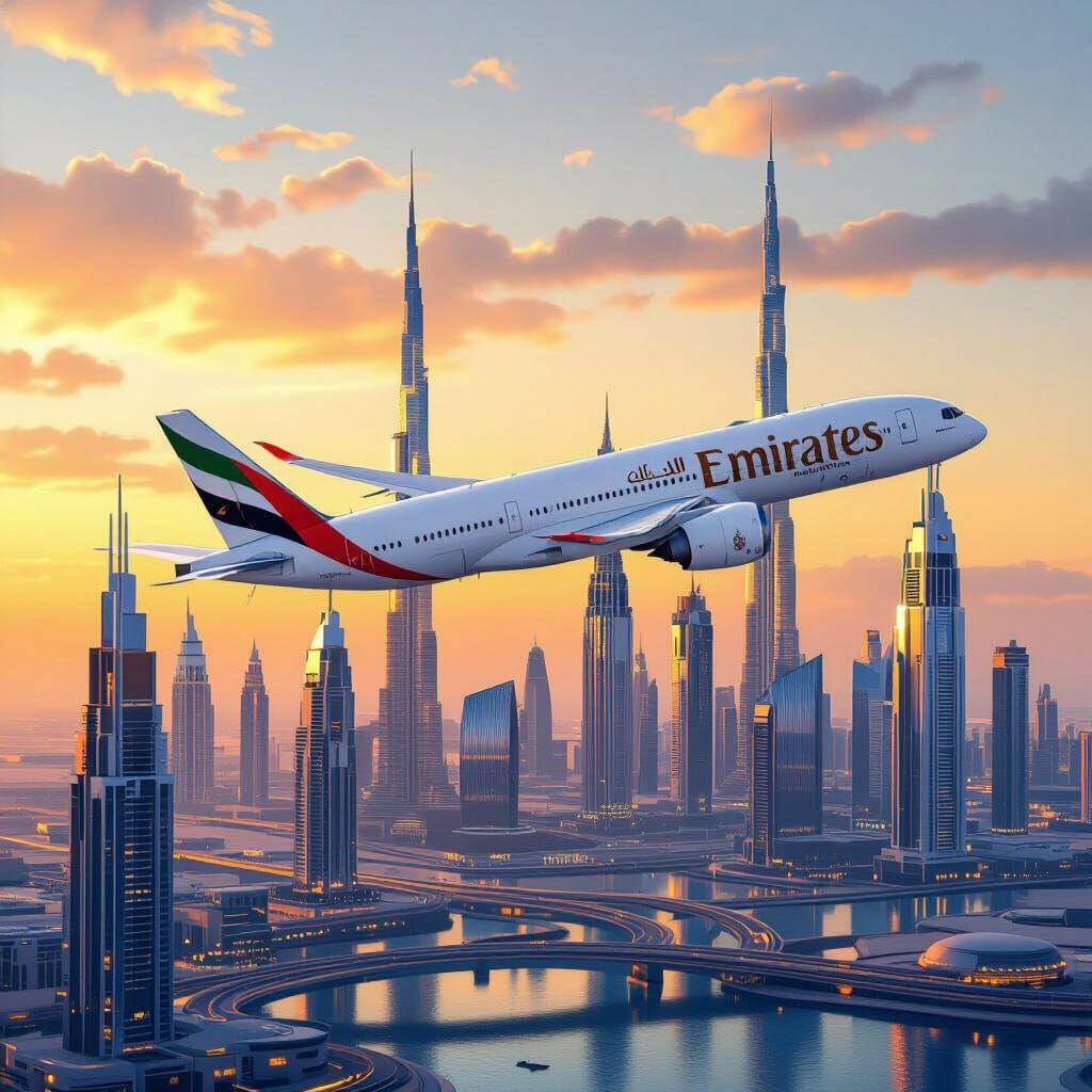 Emirates Jet Soaring Over Futuristic Dubai