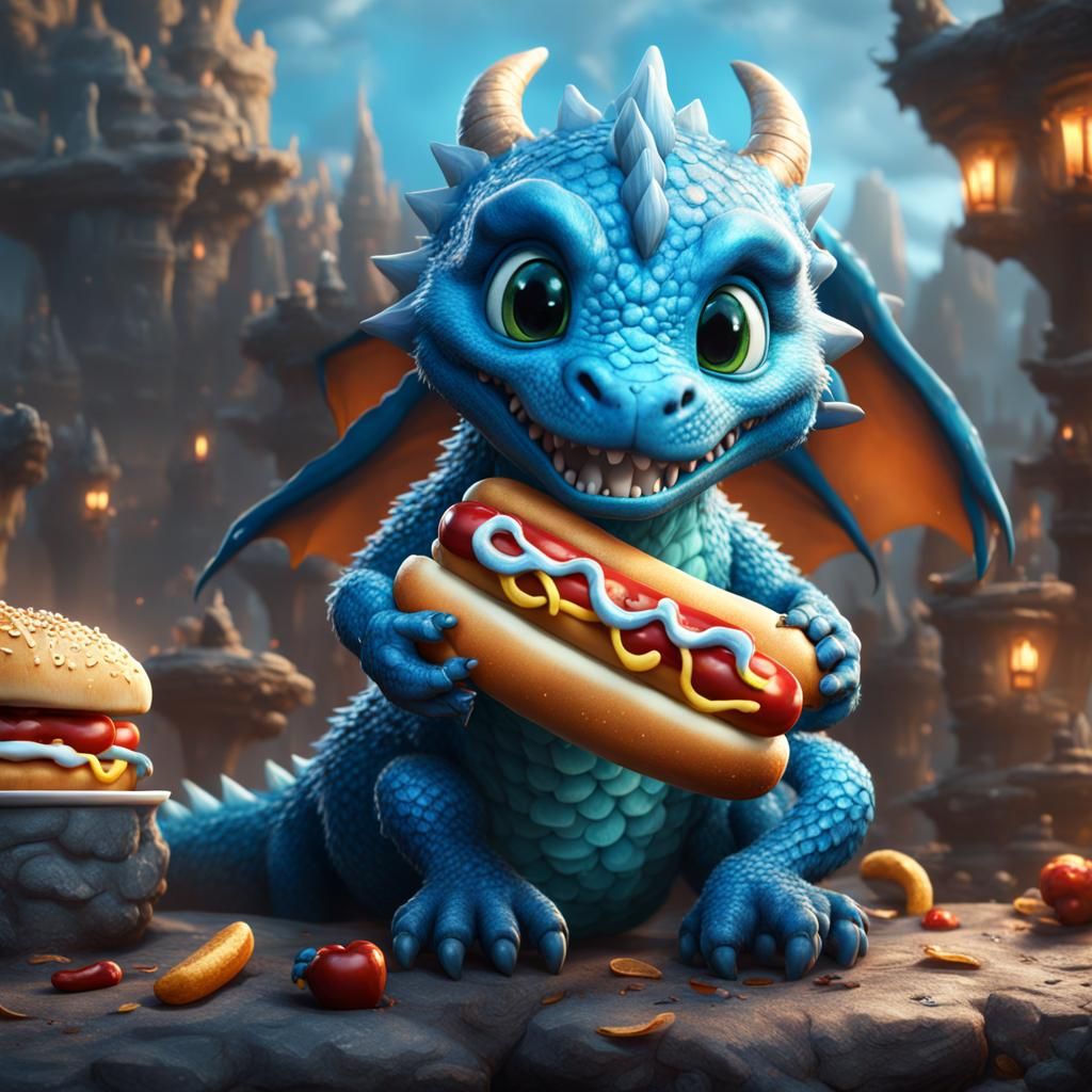 Cute Blue Dragon Eats Hot Dog in 8k