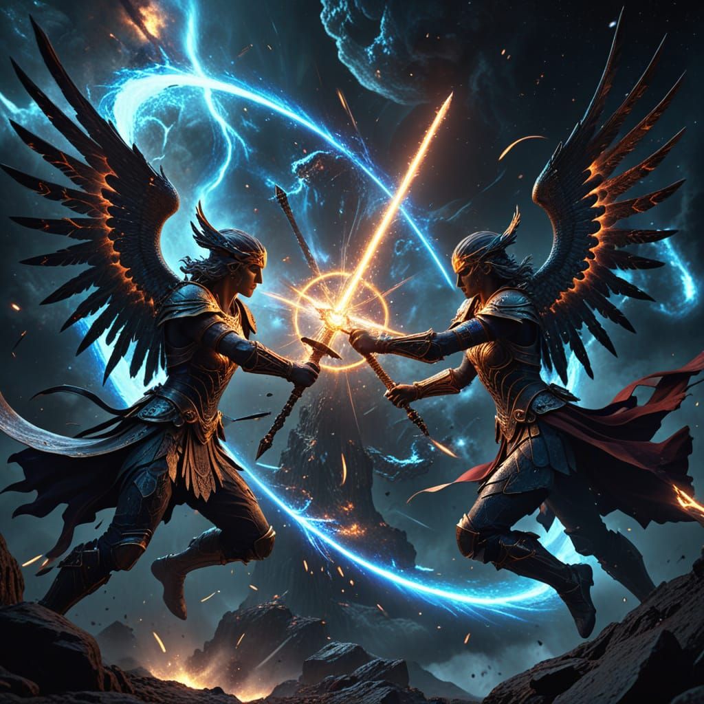 Angelic Twins Clash: Galaxy Forged in Battle