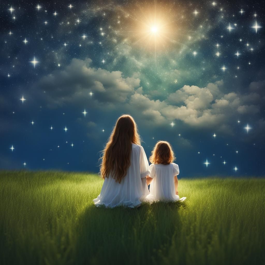 Man and Girl Watching Stars in Divine Light