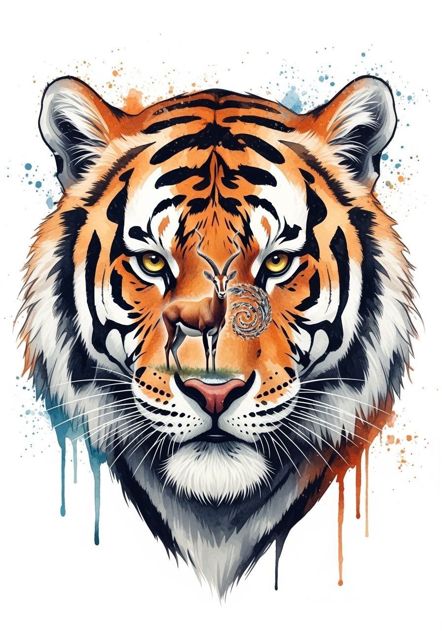 Dual Exposure Tiger Portrait in Watercolor Style