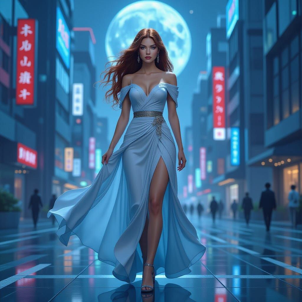 Futuristic Woman in Tokyo: Art Nouveau Cyberpunk Style