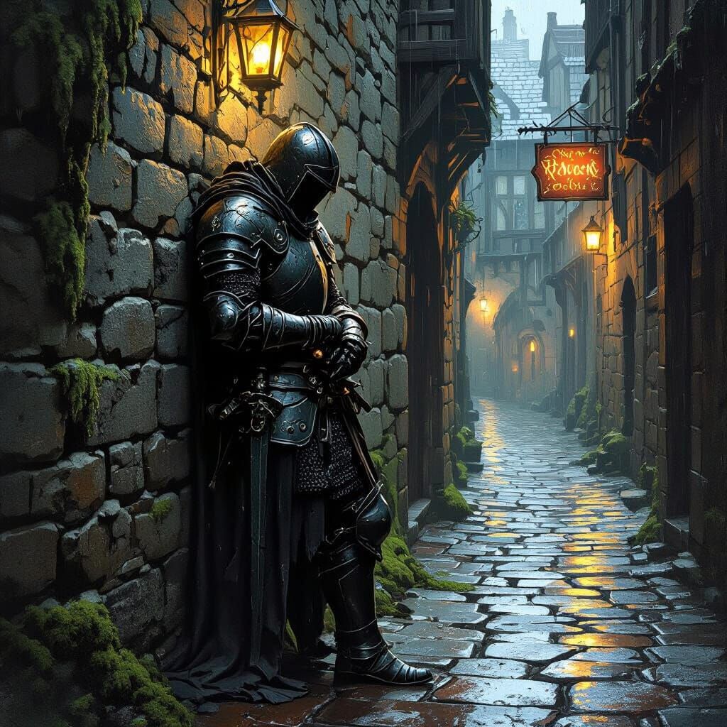 Lone Knight in Gritty Medieval Alleyway, Dark Fantasy Art