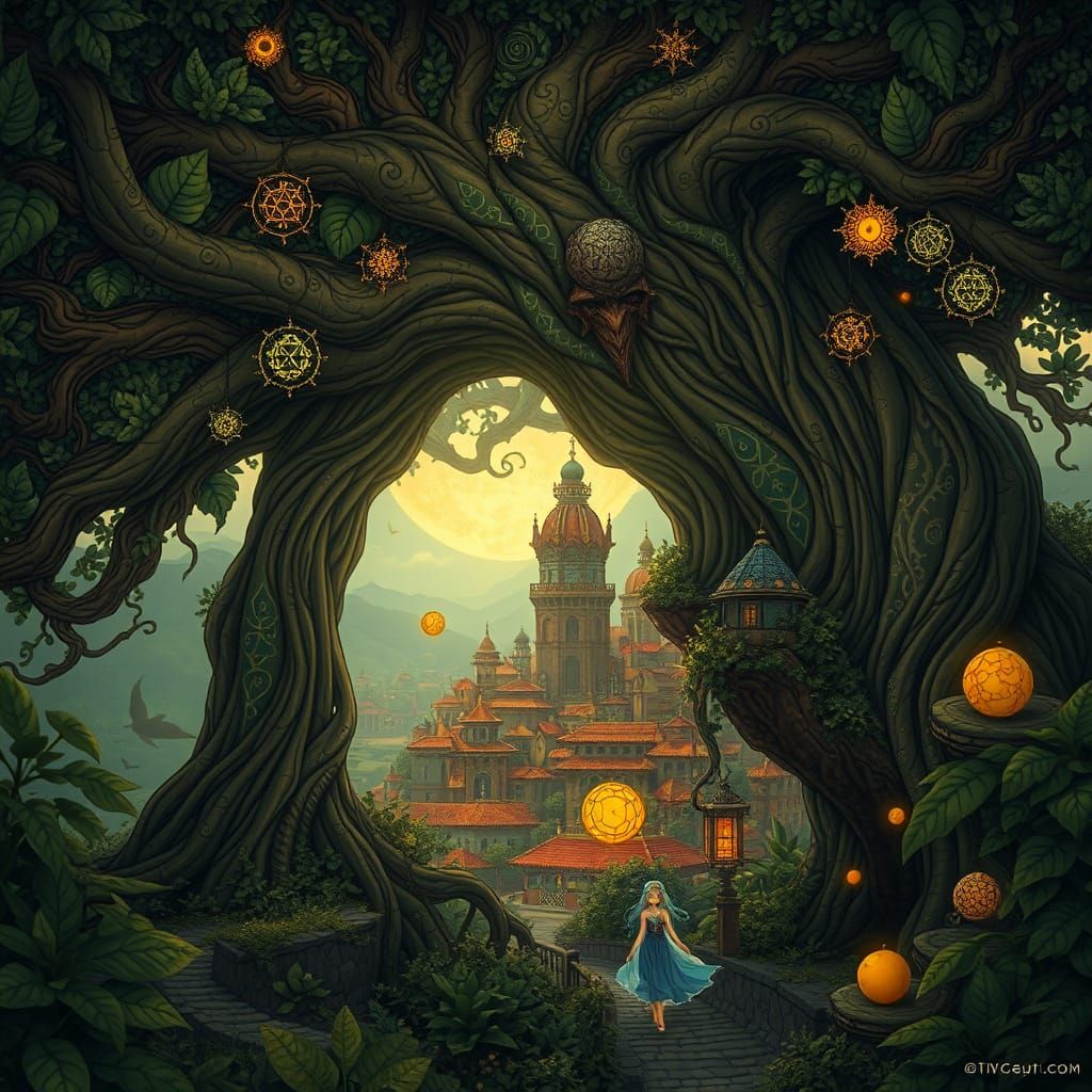 Hidden City in Ancient Tree with Anime-Inspired Inhabitants