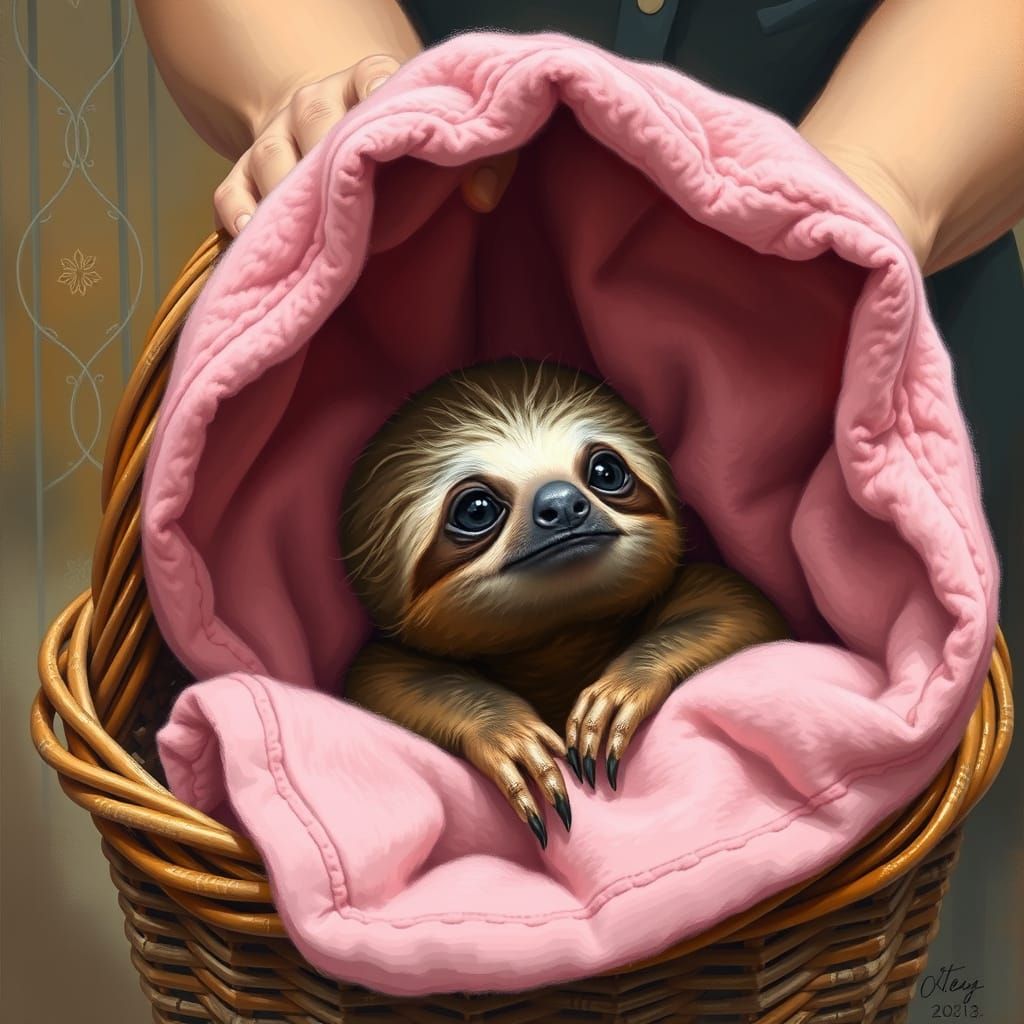 Baby Sloth Peeking from Blanket in Wicker Basket