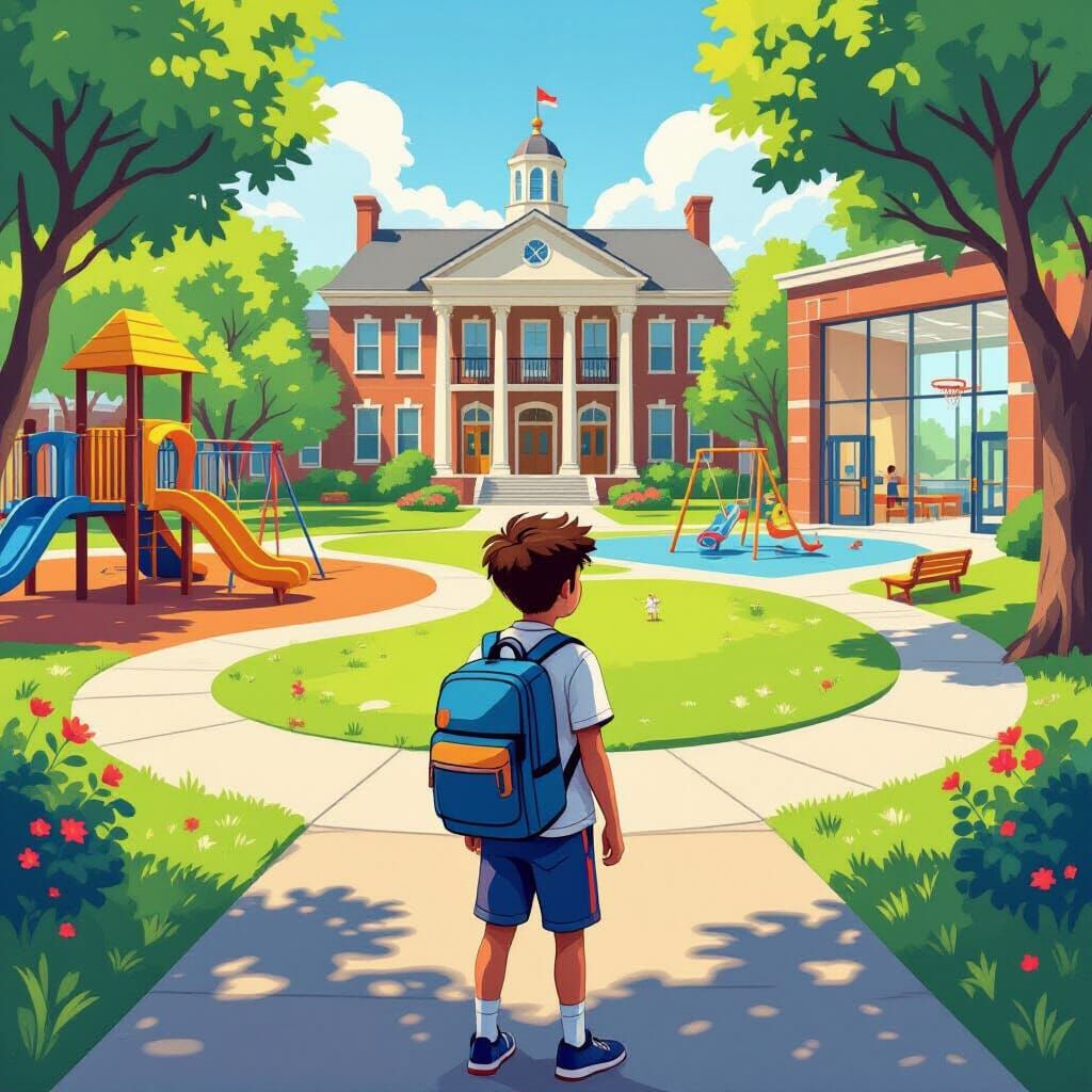 Vibrant Schoolyard Scene with Playground and Library