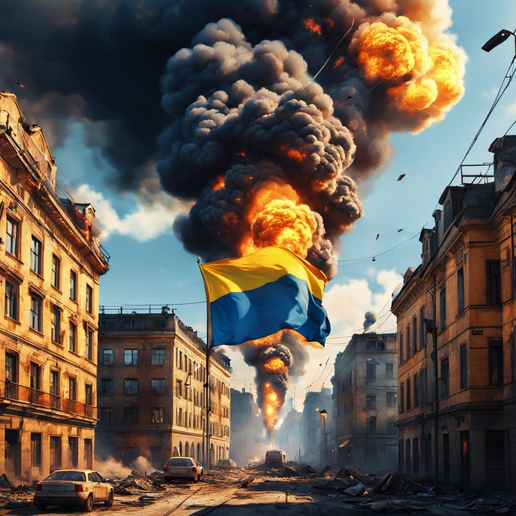 Ukrainian Flag Waving Amidst City Flames
