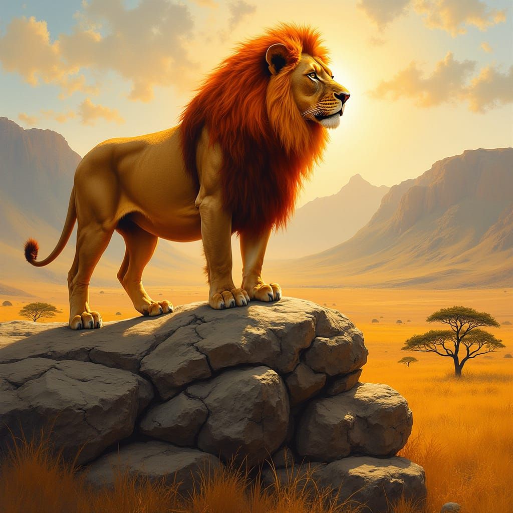 Regal Lion Dominates Sun-Kissed Savannah in Vibrant Oil Pain...