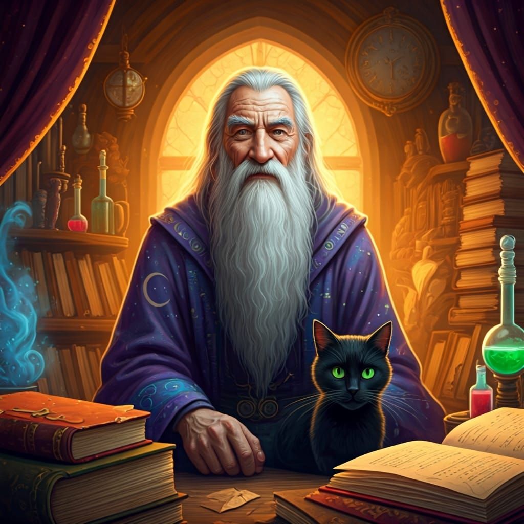 Enchanting Wizard in Cozy Study, Painterly Style