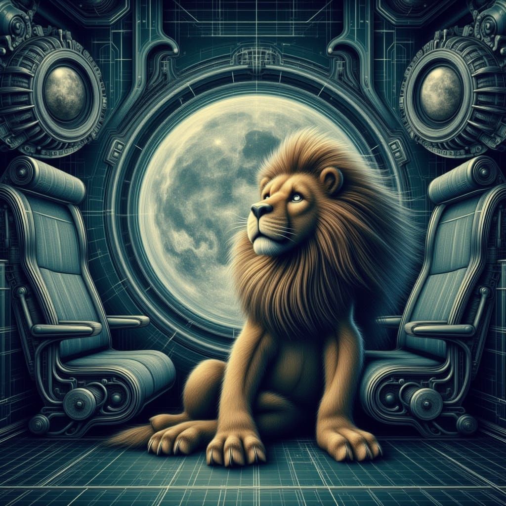 Lion in Vintage Plane Under Giant Moon, Rough Schematic Styl...