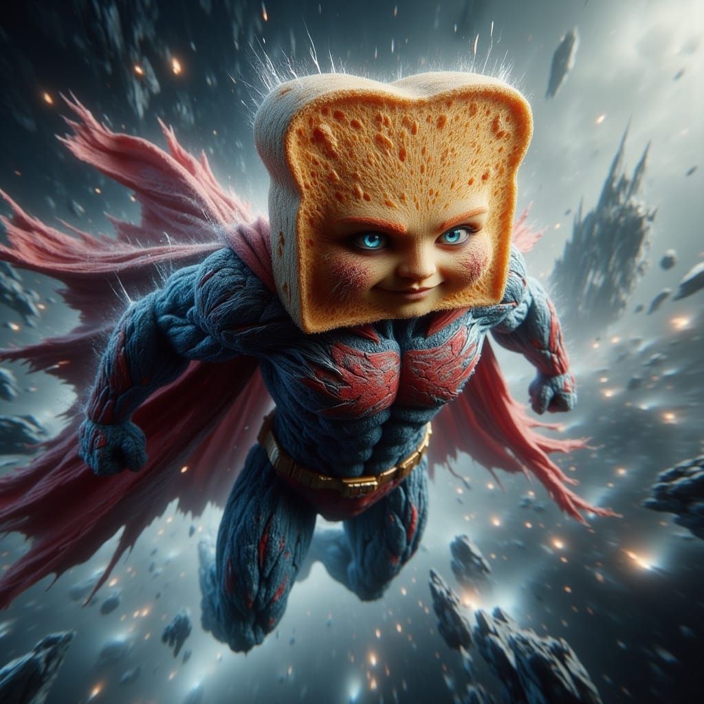 Powdered Toast Man Flying in Hyperrealistic Style