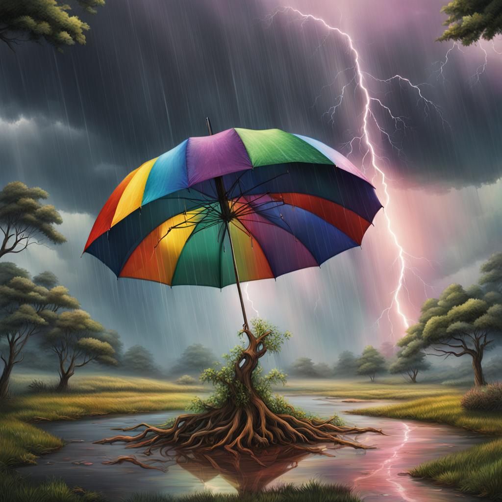 Rainbow Umbrella Shelters Sapling in Epic Landscape