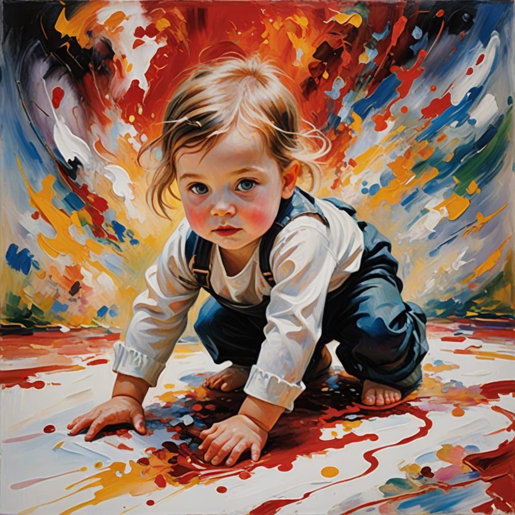 Impressionist Oil Painting of Baby Girl in Red Canvas