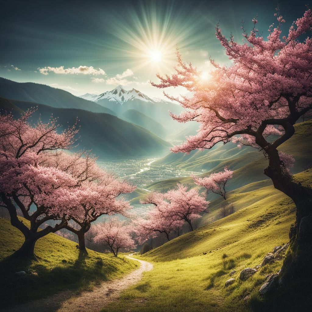 Cherry Blossom Mountain Valley in Cinematic Style