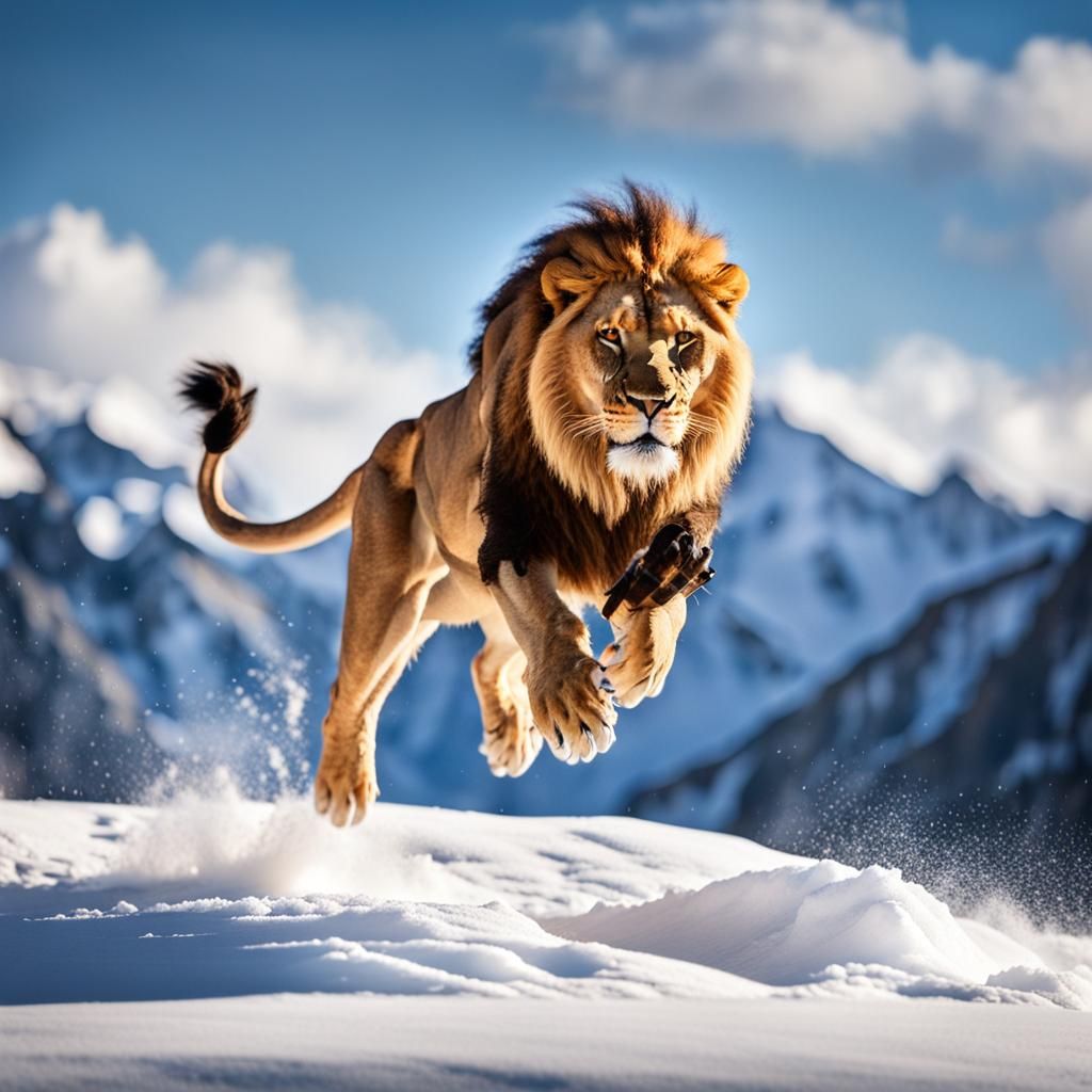 Majestic Lion Leaps from Snowy Mountain