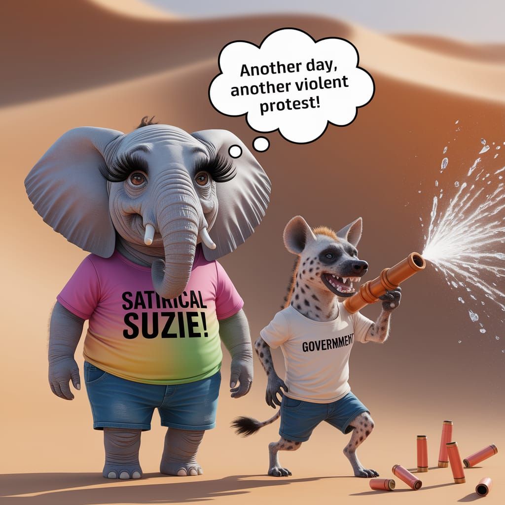 Satirical Elephant & Hyena in Desert Protest Scene