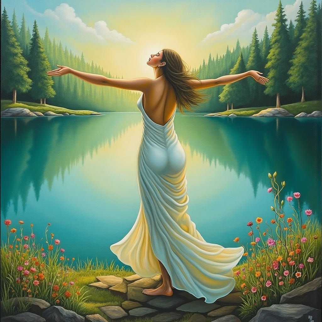 Ethereal Woman Embracing Dawn: A Visionary Art Piece