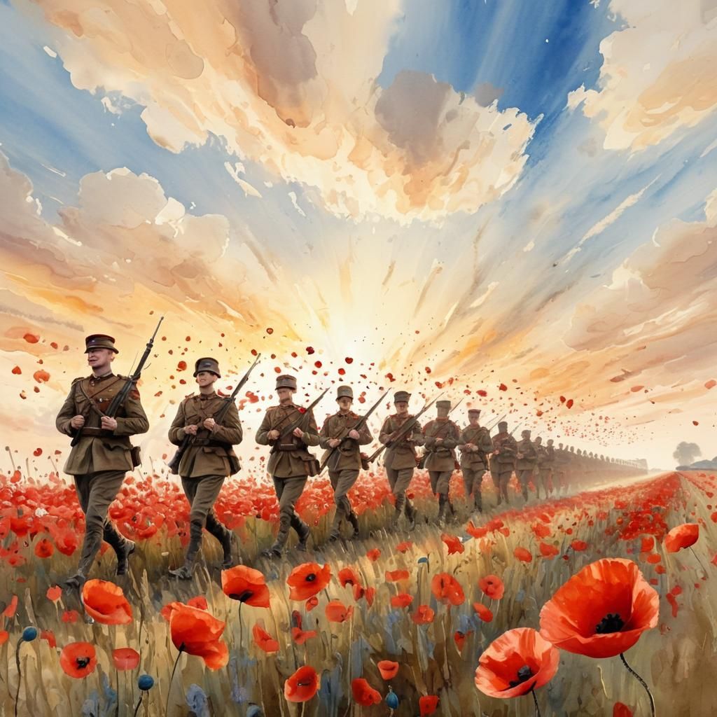 British Soldiers Marching Through Poppy Field: Impressionist...
