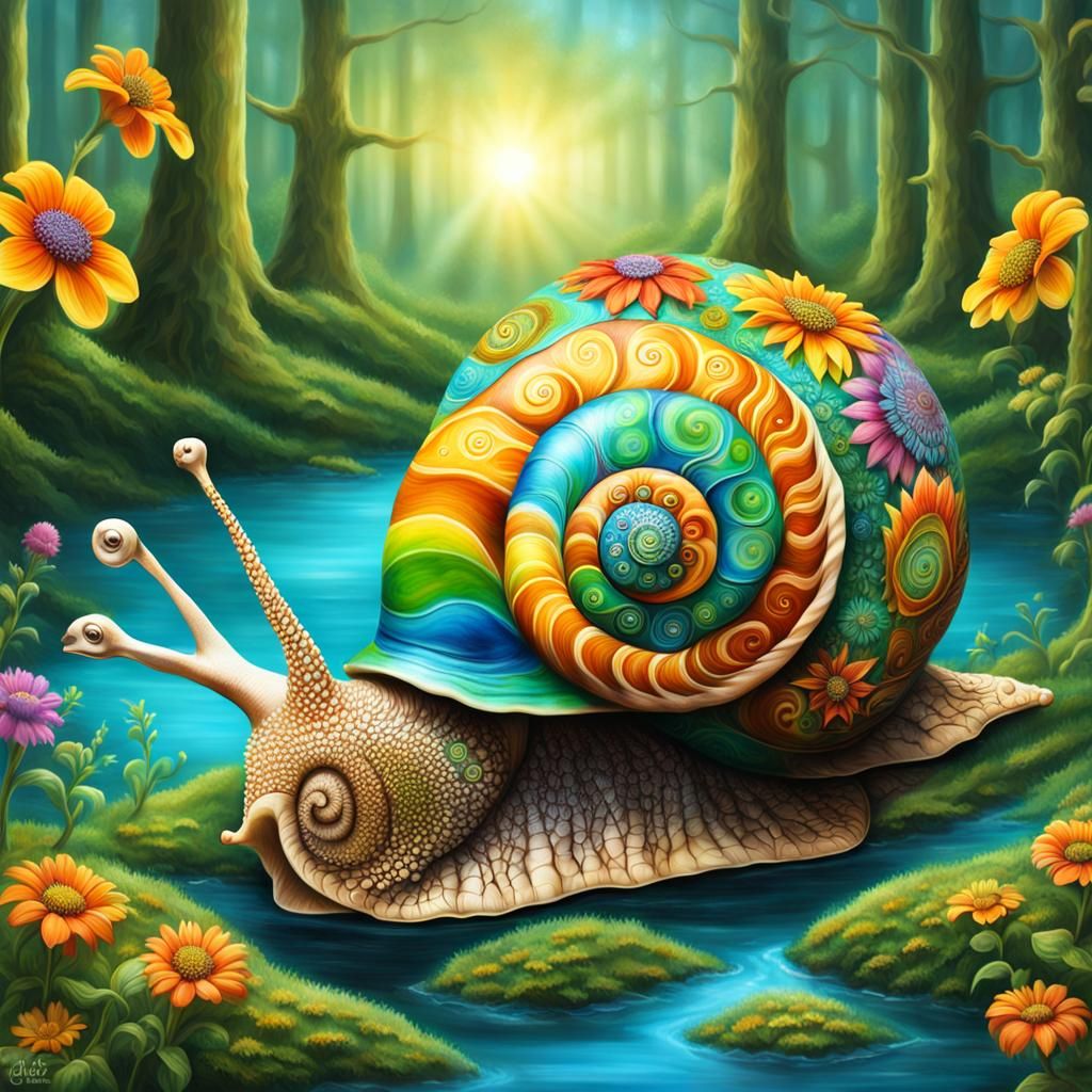 Whimsical Snail with Wildflower Shell in Airbrush Art