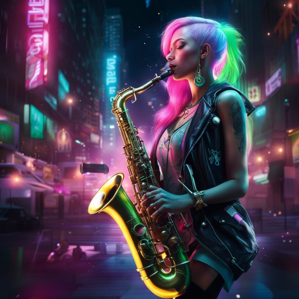 Bioluminescent Cyberpunk Saxophonist in Futuristic City
