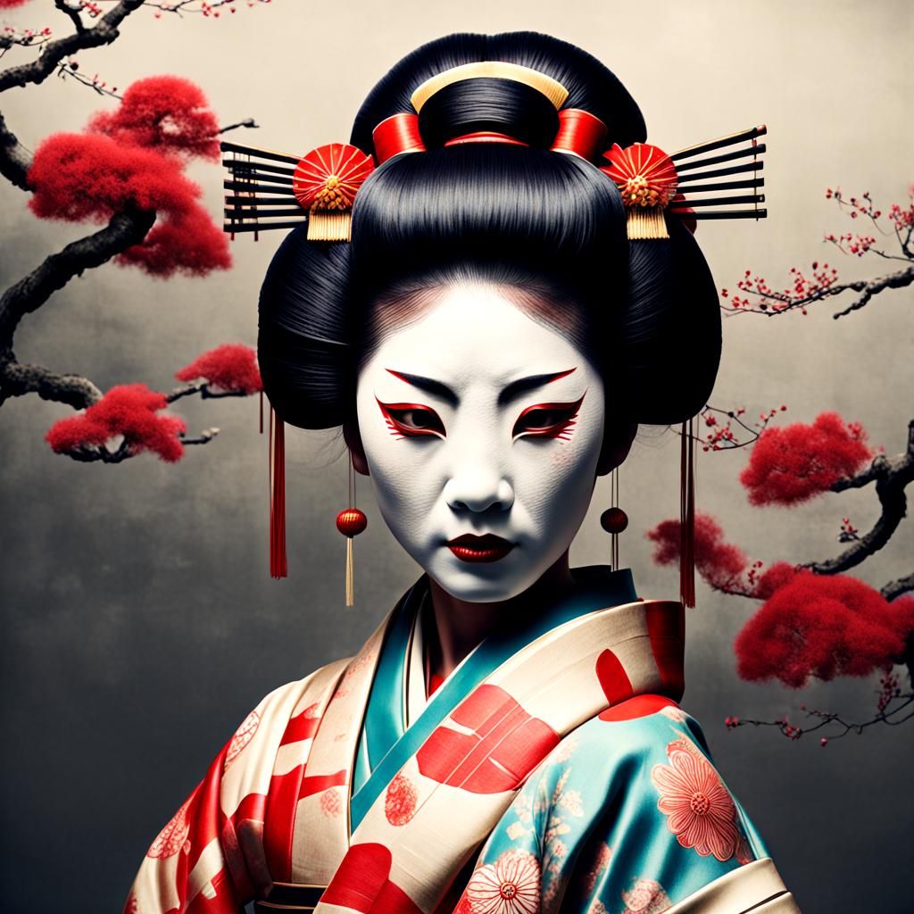 Geisha Wearing Traditional Japanese Oni Mask