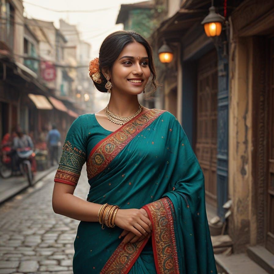 Confident Indian Woman in Elegant Saree Walks with Poise
