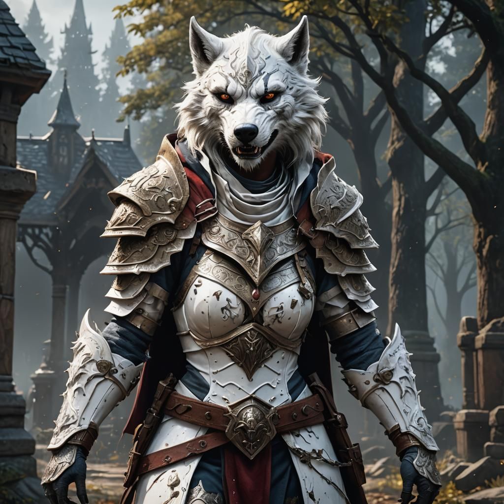 Werewolf Paladin in White Armor, Detailed Matte Painting