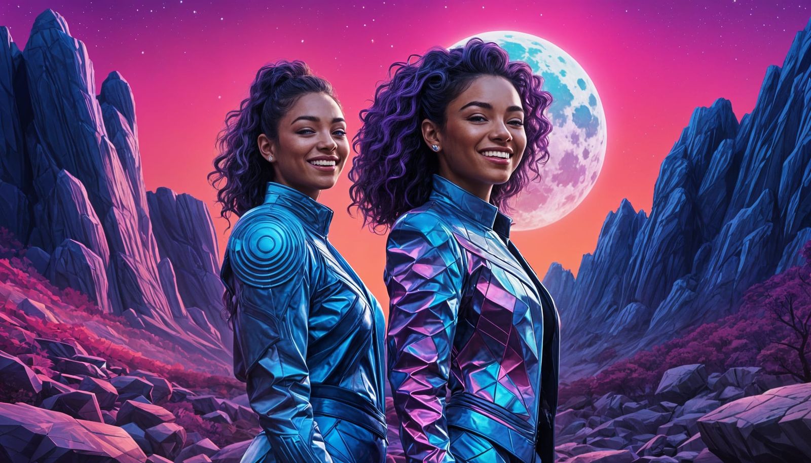 Futuristic Woman with Pink Moon Digital Illustration