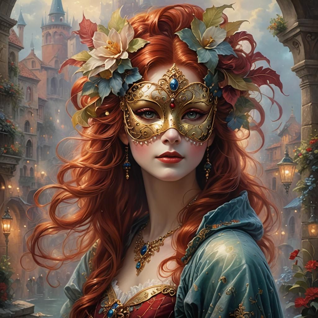 Woman with Red Hair and Venetian Mask