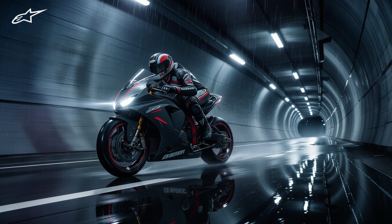 Motorcycle Rider Speeding Through Dark Tunnel