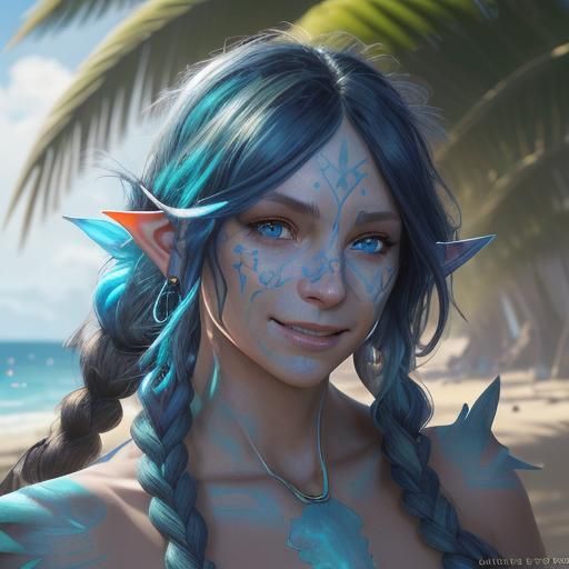Smiling Elf Witch Casting Magic on Beach