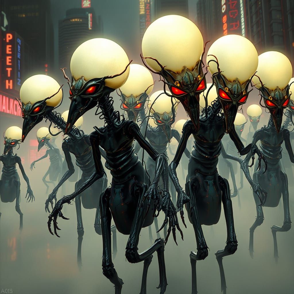 Surreal Beings March Through Dark, Foggy Cityscape with Glow...