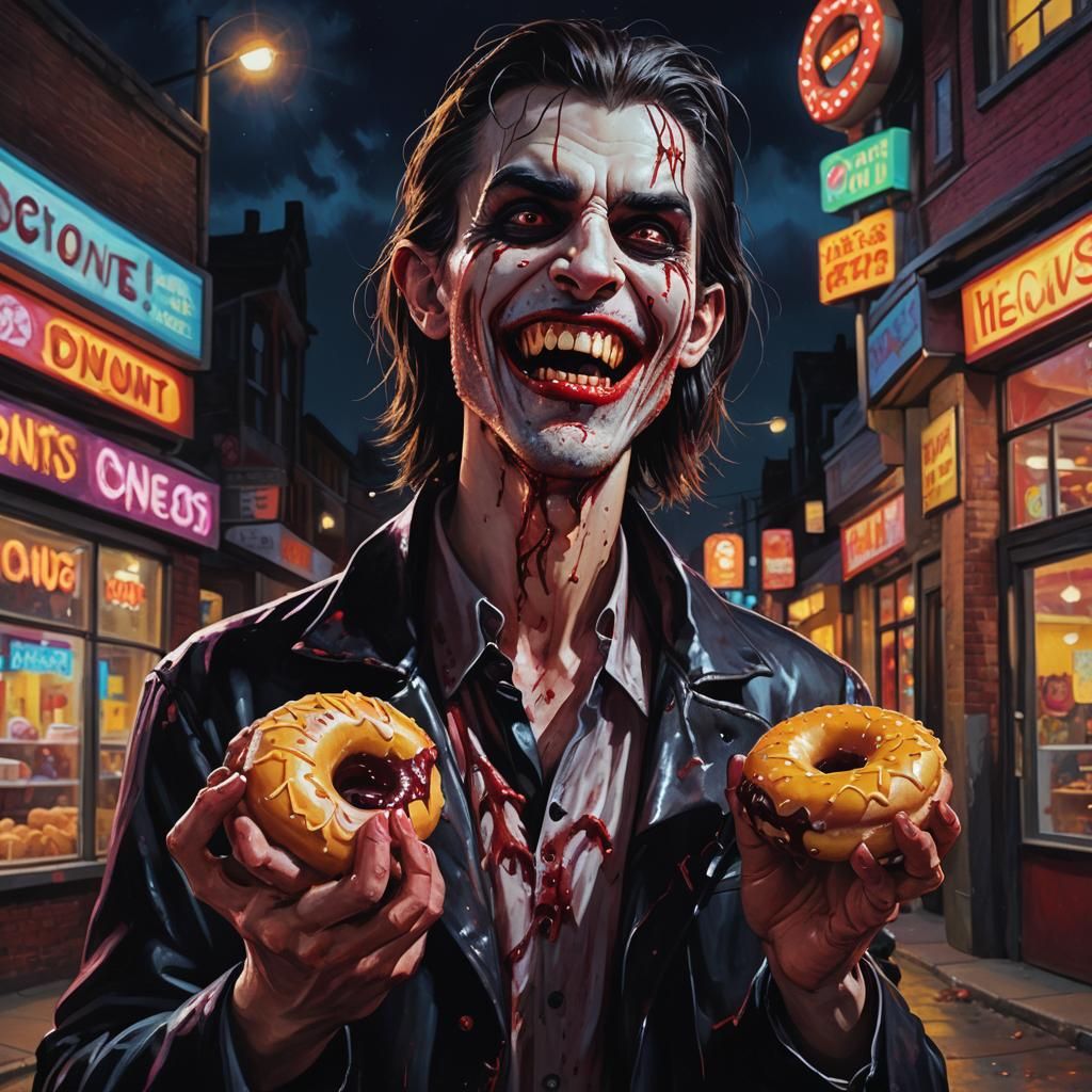 Vampire Leaving Donut Shop in Gothic Realism