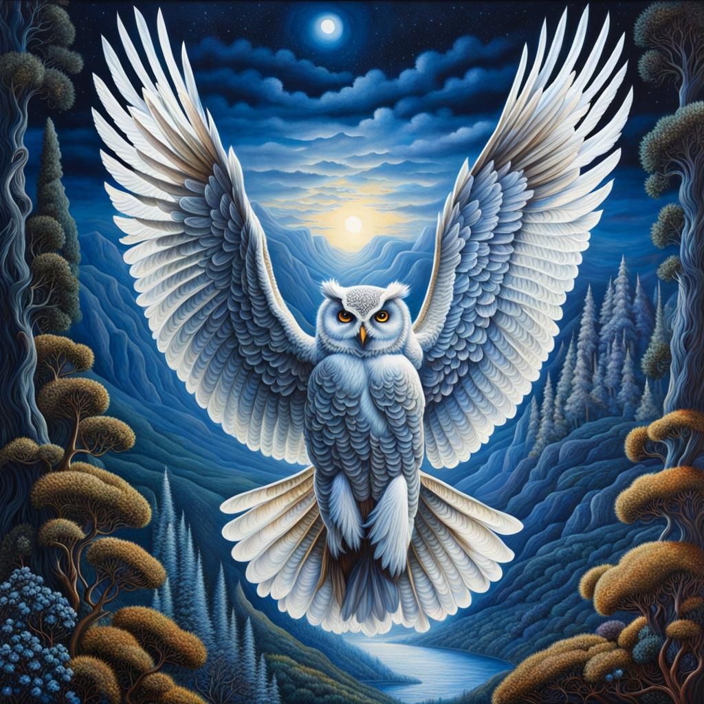 White Owl Soaring Over Blue Meadow in Dark Romanticism