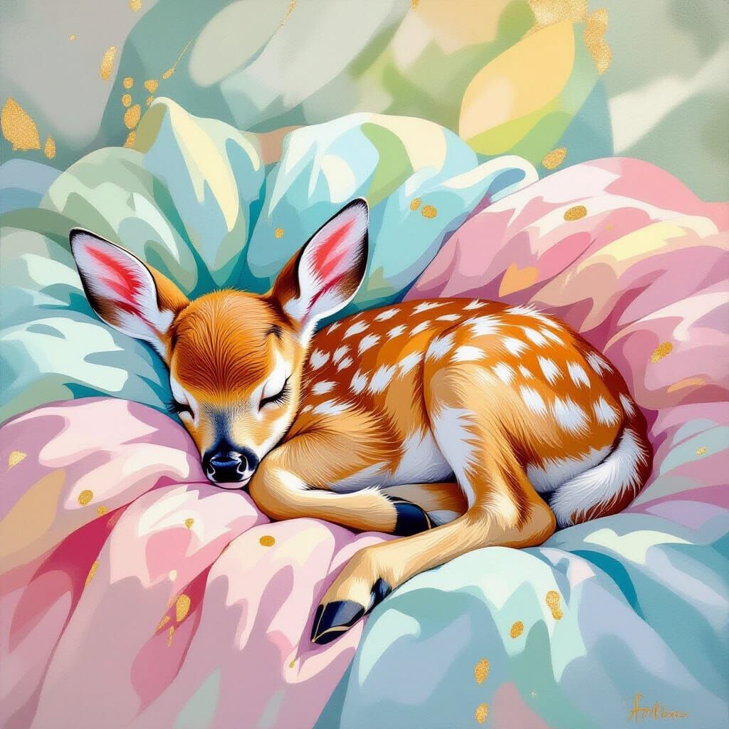 Fawn Sleeping Under Leaf Blanket in Metamodern Style