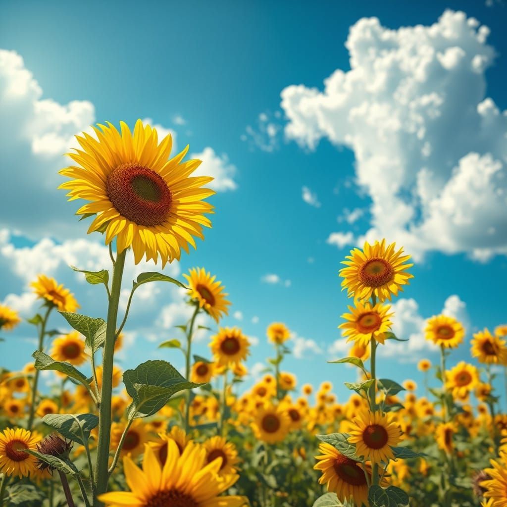 Surreal Sunflower Fields Under Brilliant Blue Skies