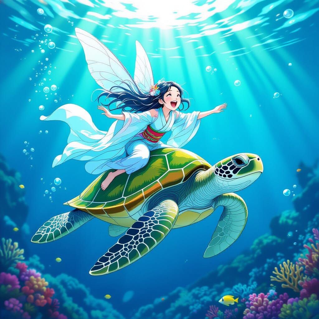 Japanese Fairy Rides Majestic Sea Turtle Underwater