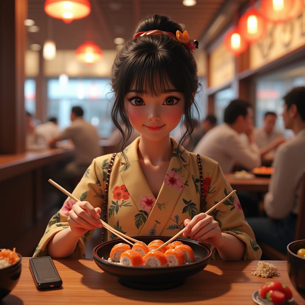Smiling Girl Eating Sushi, Ornate Portrait with Volumetric L...