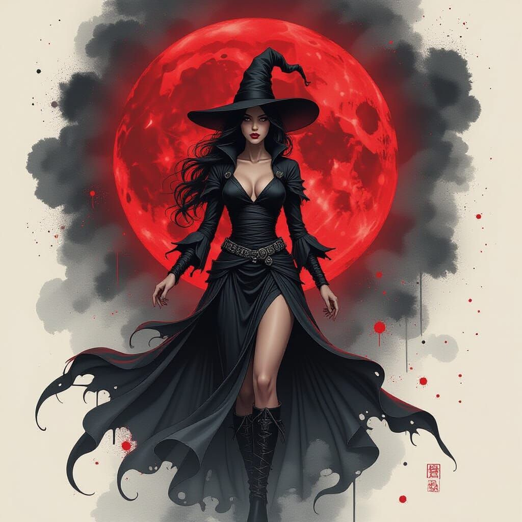 Witch Under Blood Moon in Fluid Splatter Impasto Style
