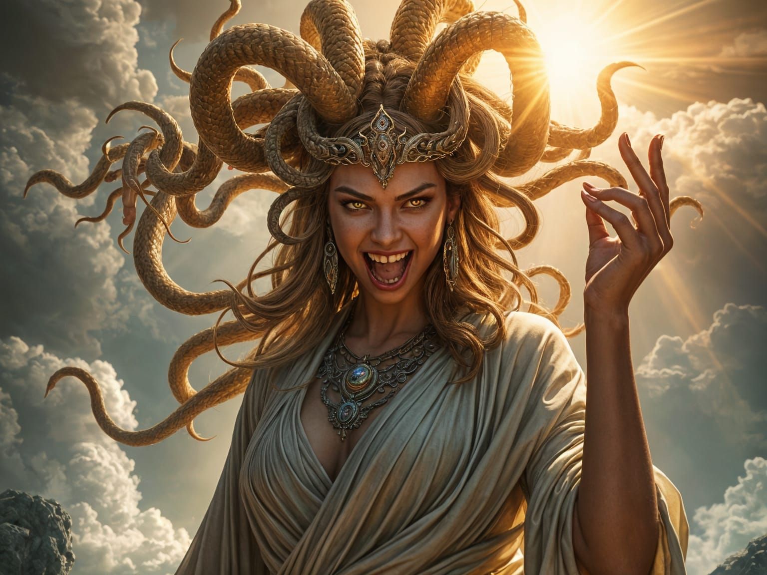 Medusa Gorgon Queen Portrait with Snakes, Detailed Art