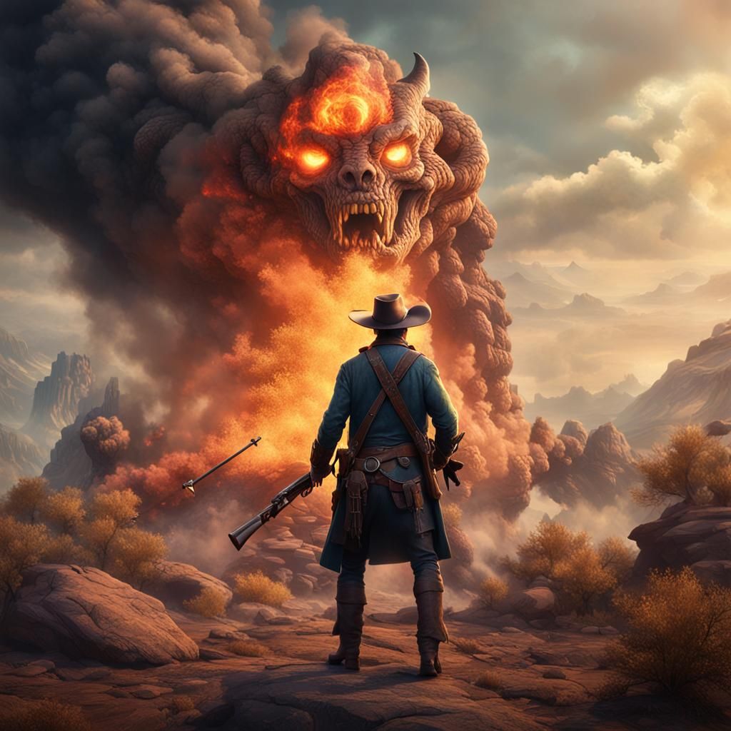 Epic Fantasy Cowboy Battles a Fiery Demon in Vivid Matte Pai...