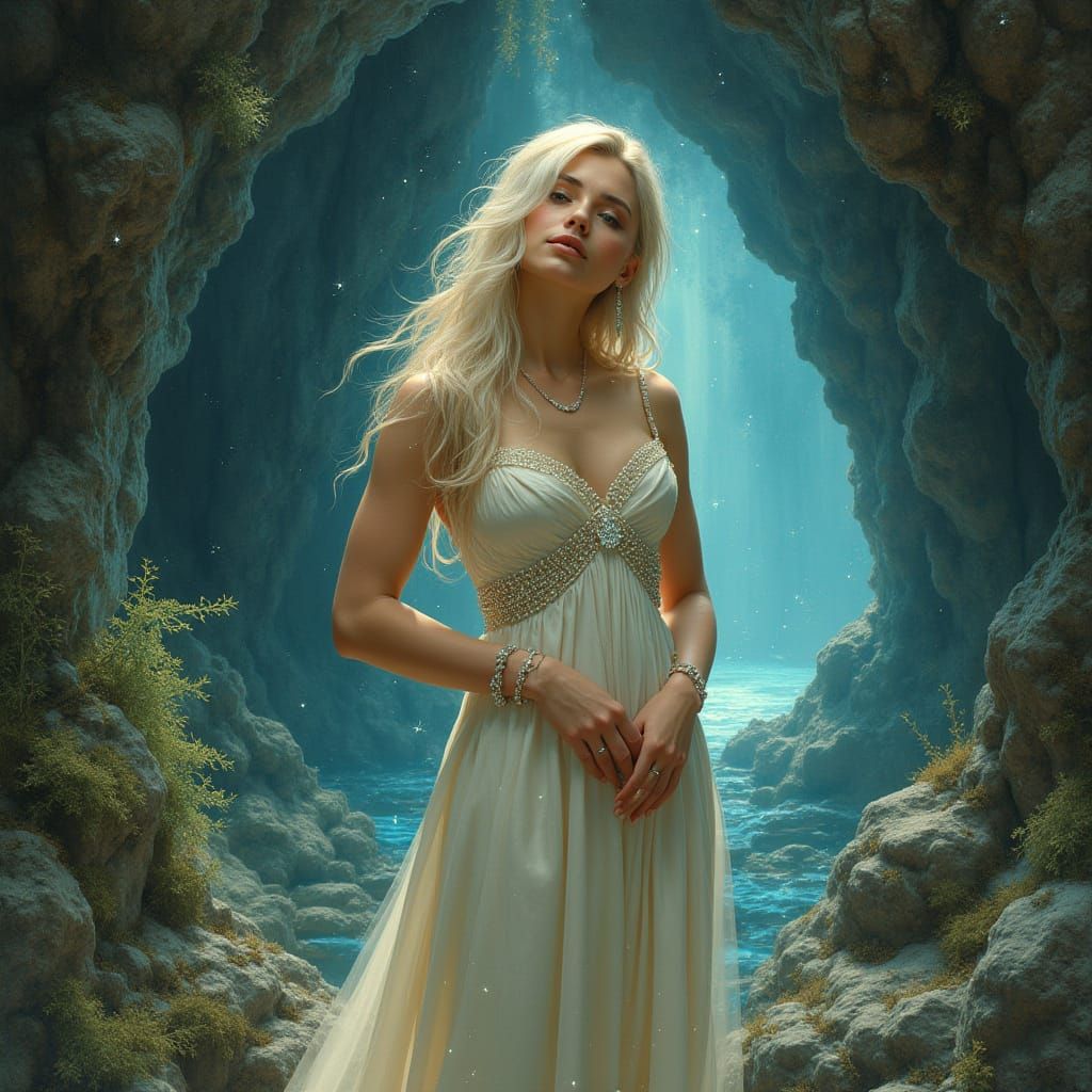 Ethereal Woman in Crystal Cave: Art Nouveau Style