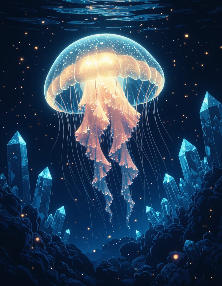 Bioluminescent Jellyfish in Alien Ocean, Matte Painting