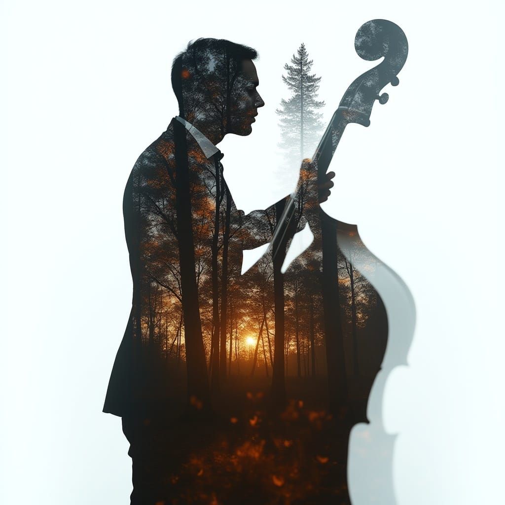 Double Exposure: Musician and Misty Forest