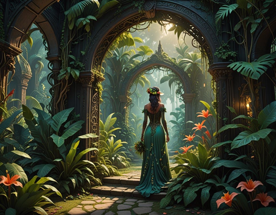 Surreal Tropical Goddess Emerges from Gothic Portal