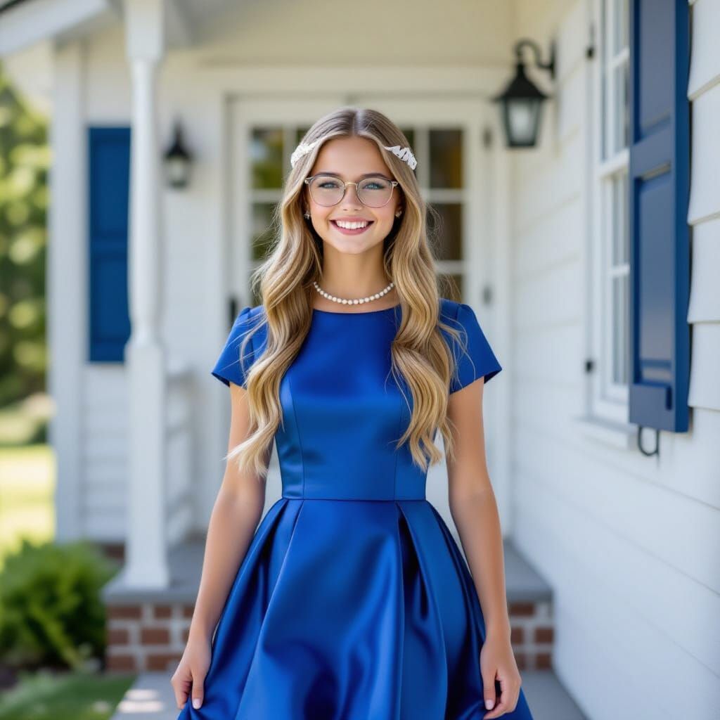European Girl in Blue Dress on White and Blue Day