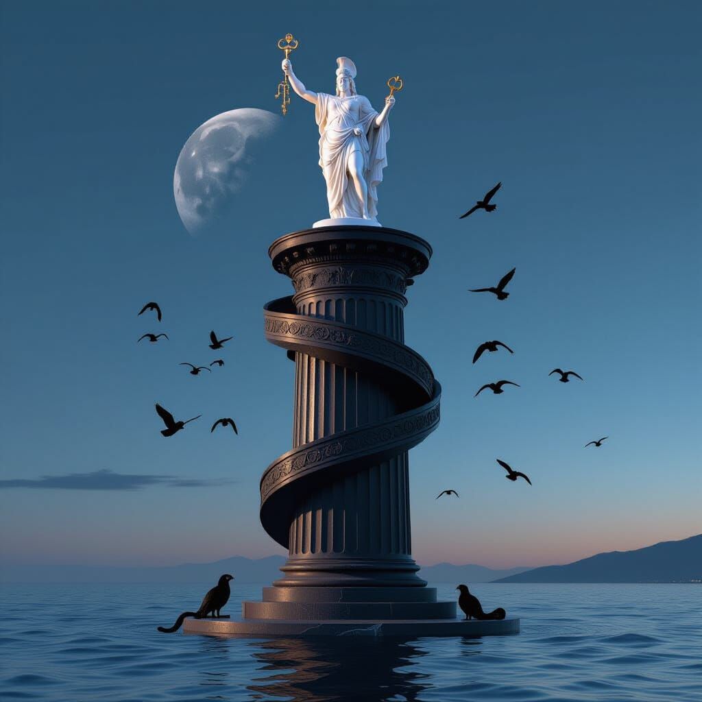 Hades Statue on Bronze Tower with Pluto