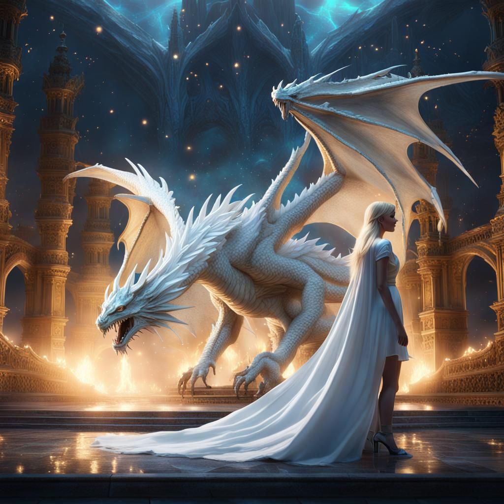 Dragon Bowing to Woman Under Starry Night, Detailed Matte Pa...