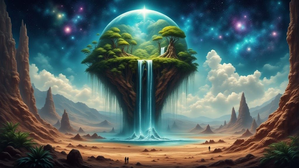 Cosmic Life Bubble Seeds Desert Planet in Watercolor Style